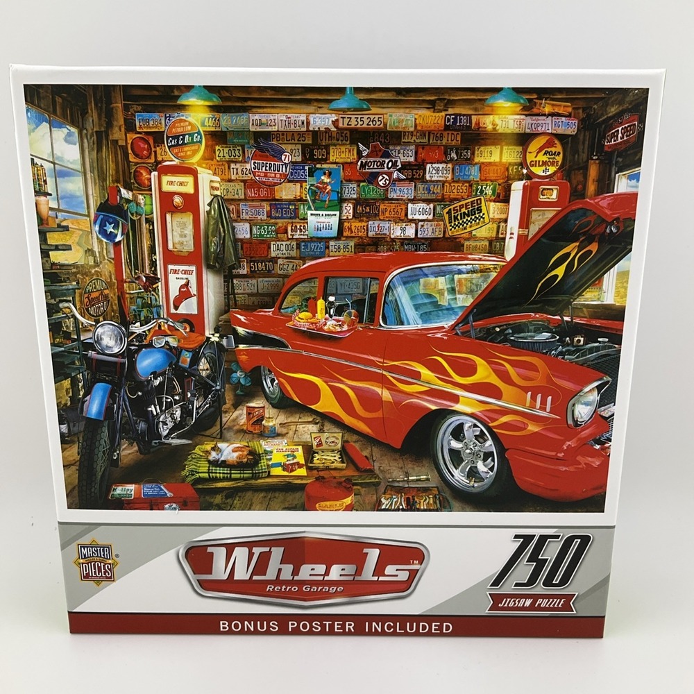 MasterPieces Wheels Retro Garage 750 Piece Jigsaw Puzzle Bonus Poster Hot Rod